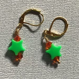 COPY - 🌟🍊 Green Stars with Orange Crystal: Minimalist Earrings 🍊🌟